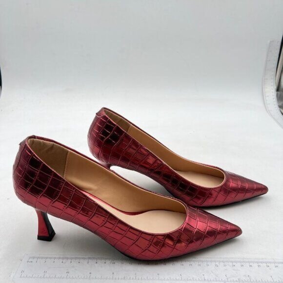 FOWT Simple Solid Croc-Embossed Pointed Toe Black Pumps for Women Red Shoes - Picture 4 of 8